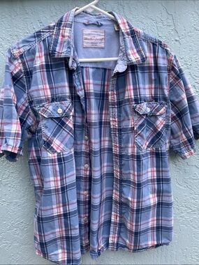 Weatherproof Light Blue Plaid Short-Sleeve Button-Down Shirt